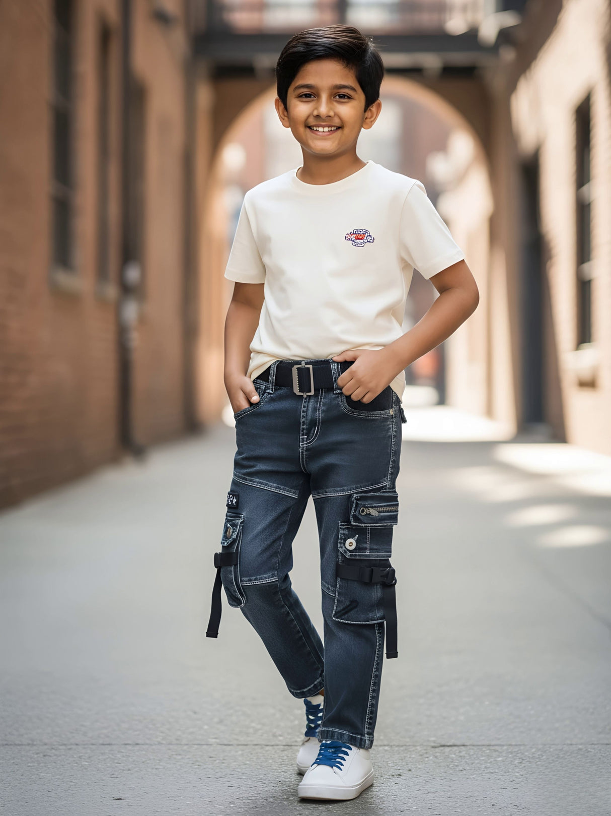 Boys Rugged Grey Cargo Jeans with Black Belt