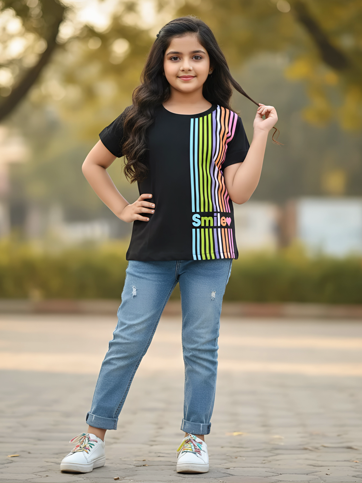 Girls' Vibrant Rainbow Stripe Graphic Top