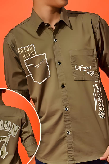 Boys' Olive Green Casual Shirt with Graphic Detail