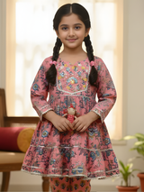 Girls' Deep Peach & Blue Floral Printed Peplum Kurti with Matching Trousers
