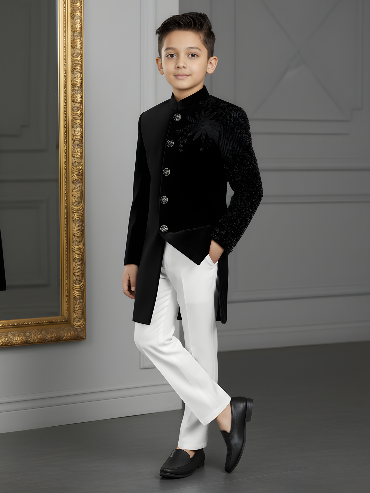 Boys' Black Velvet Achkan Suit with Heavy Thread and Zari Embroidery