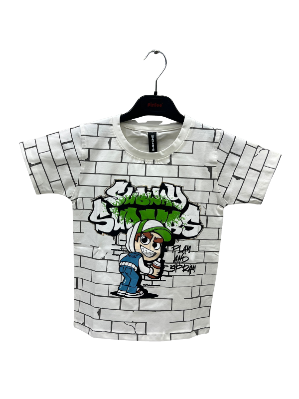 Kids' Graffiti Graphic T-shirt – White with Street Art Style Print
