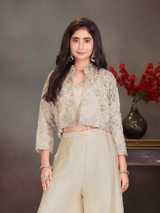 Girls' Cream Palazzo Set with Embroidered Crop Top and Cropped Jacket