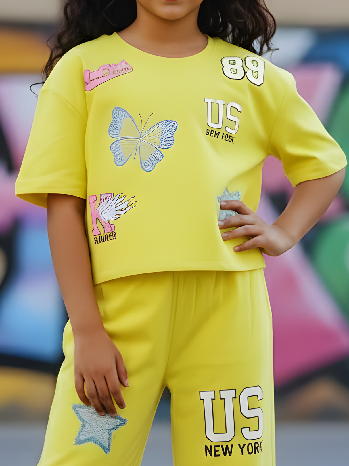 Girls Yellow Butterfly & Star Graphic Co-ord Set
