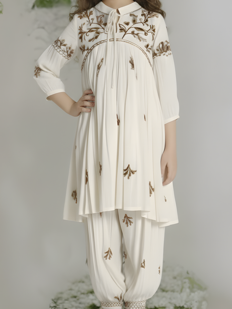 Girls' Chic Cream Pleated Kurti & Dhoti Set with Brown Lucknowi-Style Embroidery