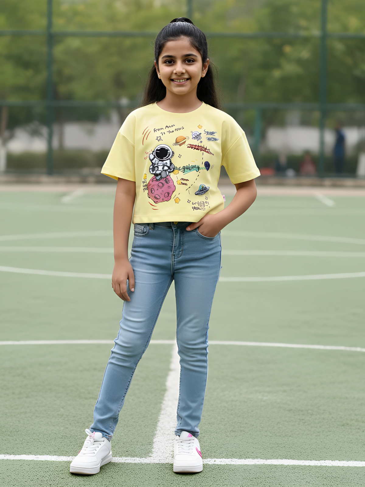 Girls Vibrant Yellow Space Explorer Graphic Crop Top