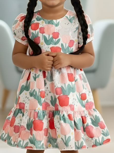 Girls' Mint Green Tulip & Bunny Print Tiered Summer Frock