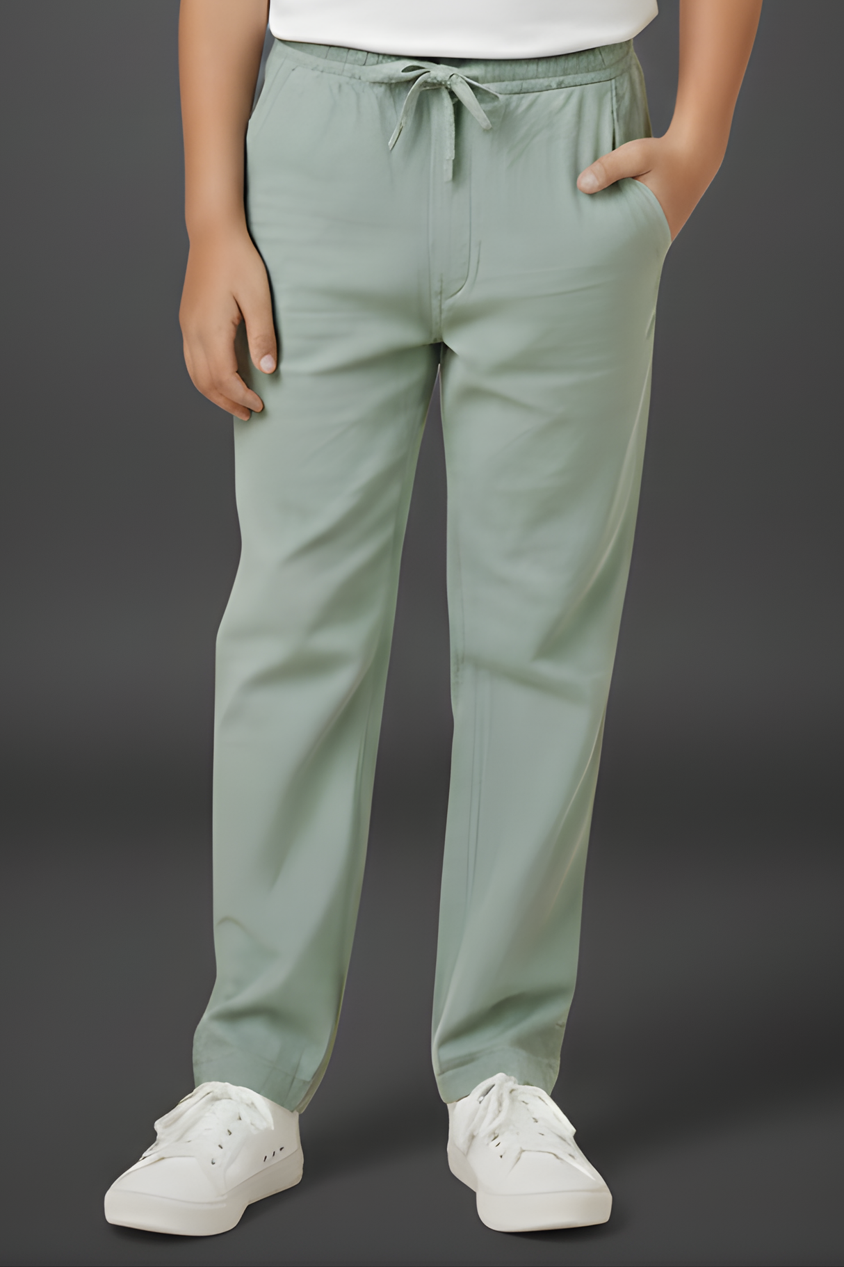 Boy's Casual Light Green Linen-Look Drawstring Trousers