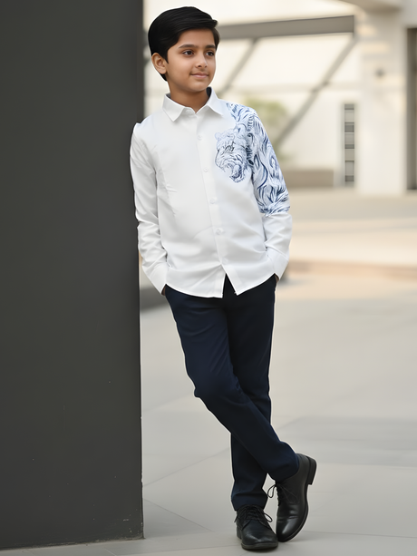 Boys White & Azure Blue Lion Art Party Wear Shirt