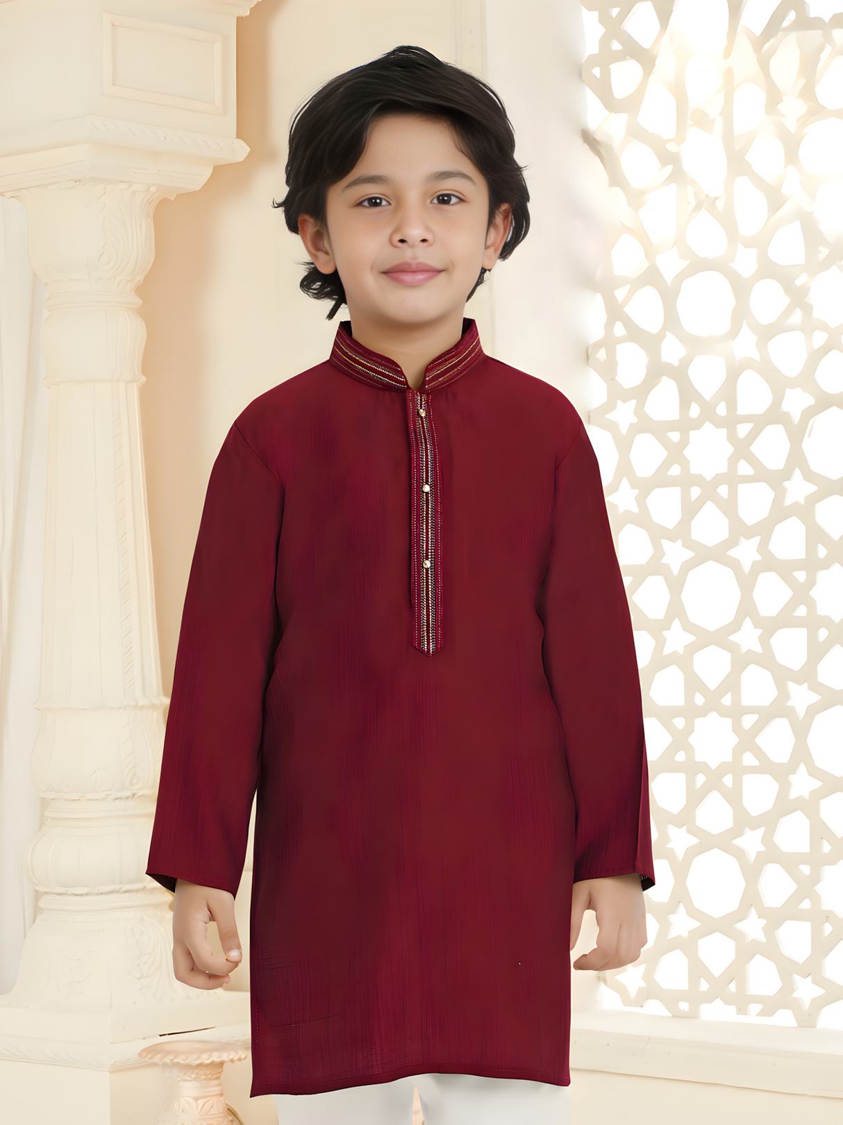 Maroon Classic Kurta Set with Gold Piping for Boys