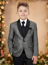 Boys' Black Tuxedo Suit with Silver Embroidered Shoulder and Bow Tie