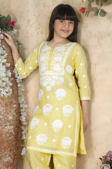 Girls' Yellow Cotton Chikankari Kurta and Trouser Set