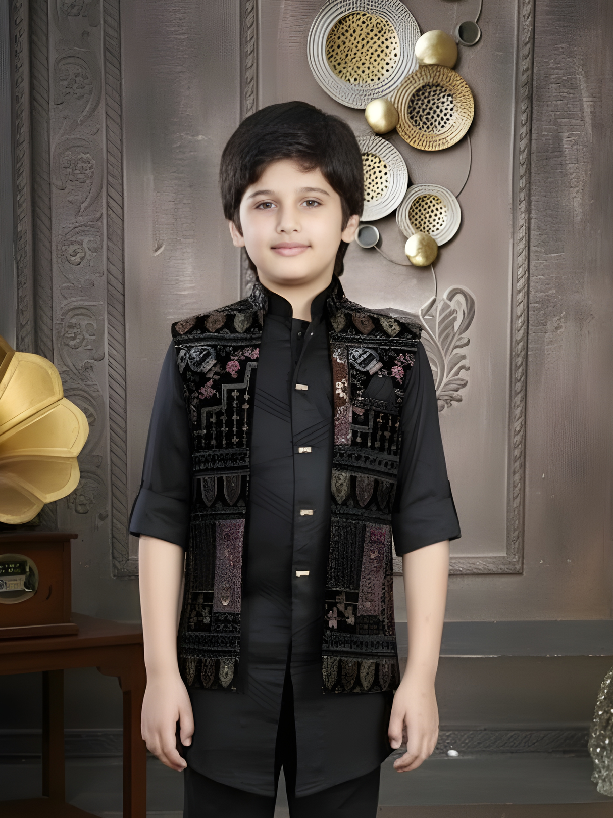 Boys' Formal Black Kurta Set with Velvet-Style Embroidered Waistcoat (3-Piece)