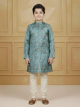 Boys' Tonal Blue and Green Geometric Tiled Print Kurta Set