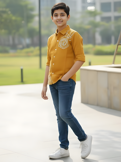 Boys Mustard Brown Minimalist Line-Art Casual Shirt