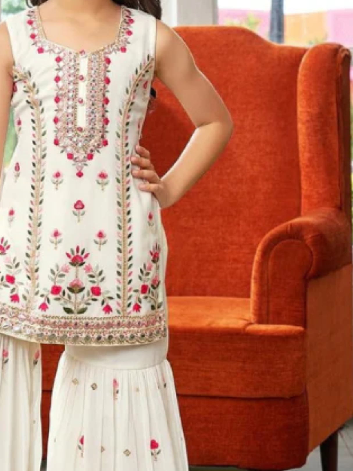 Girls Traditional Sleeves Less Ghagara Set - Cream