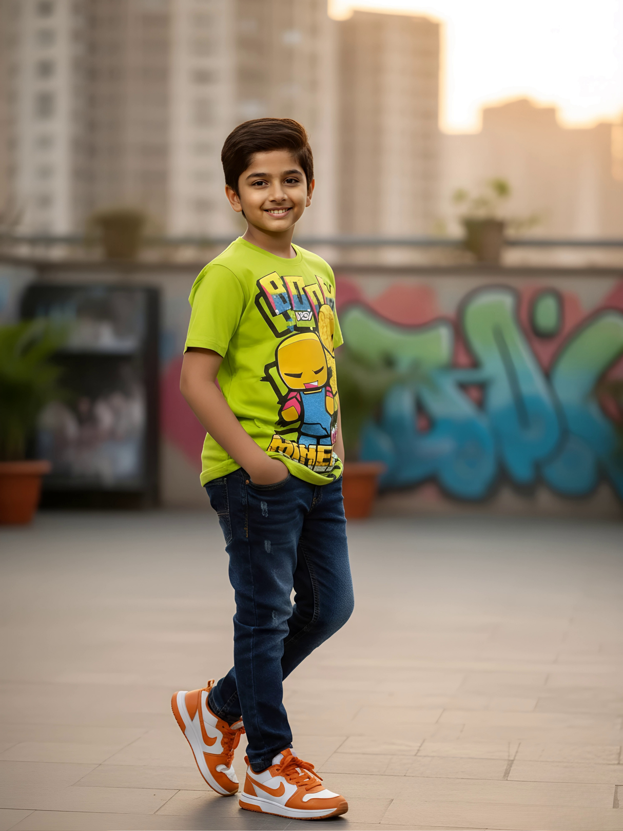 Boys Graphic Print Lime Green Cotton T-Shirt