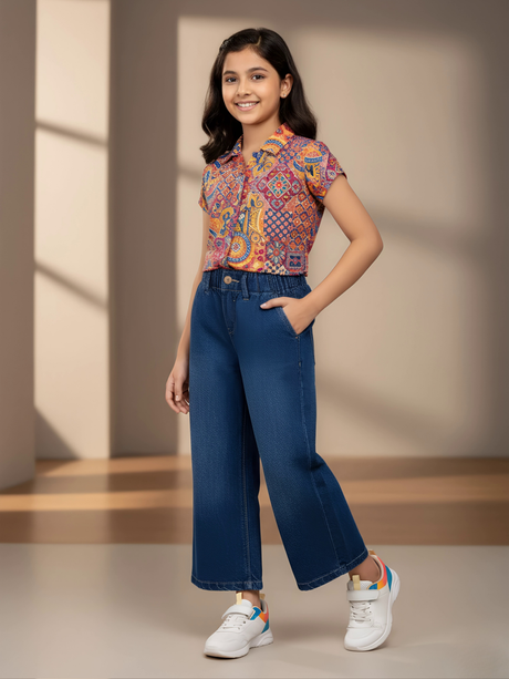 Girls' Dark Blue Wide-Leg High-Waist Denim Jeans.