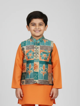Boys' Vibrant Orange Kurta Pajama Set with Teal Geometric Print Jacket.