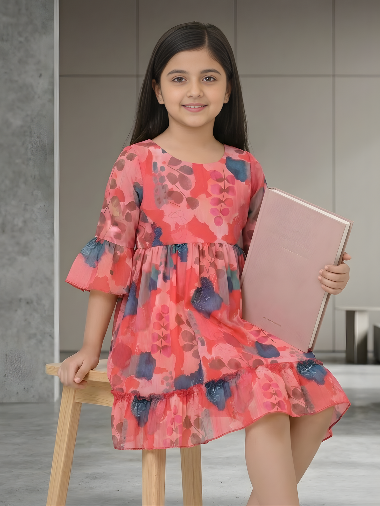 Vibrant Watercolor Floral Frock with Bell Sleeves and Ruffle Hem