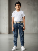 Boys Rugged Blue Multi-Pocket Cargo Jeans