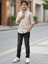 Boys Cream Dual-Pocket Utility Casual Shirt
