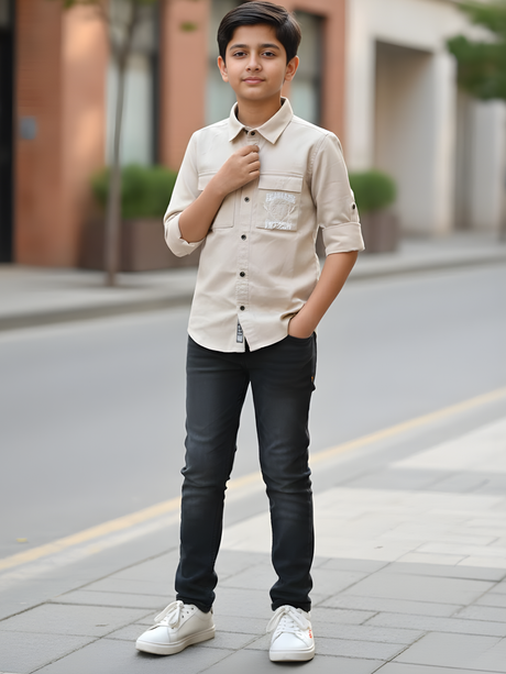 Boys Cream Dual-Pocket Utility Casual Shirt