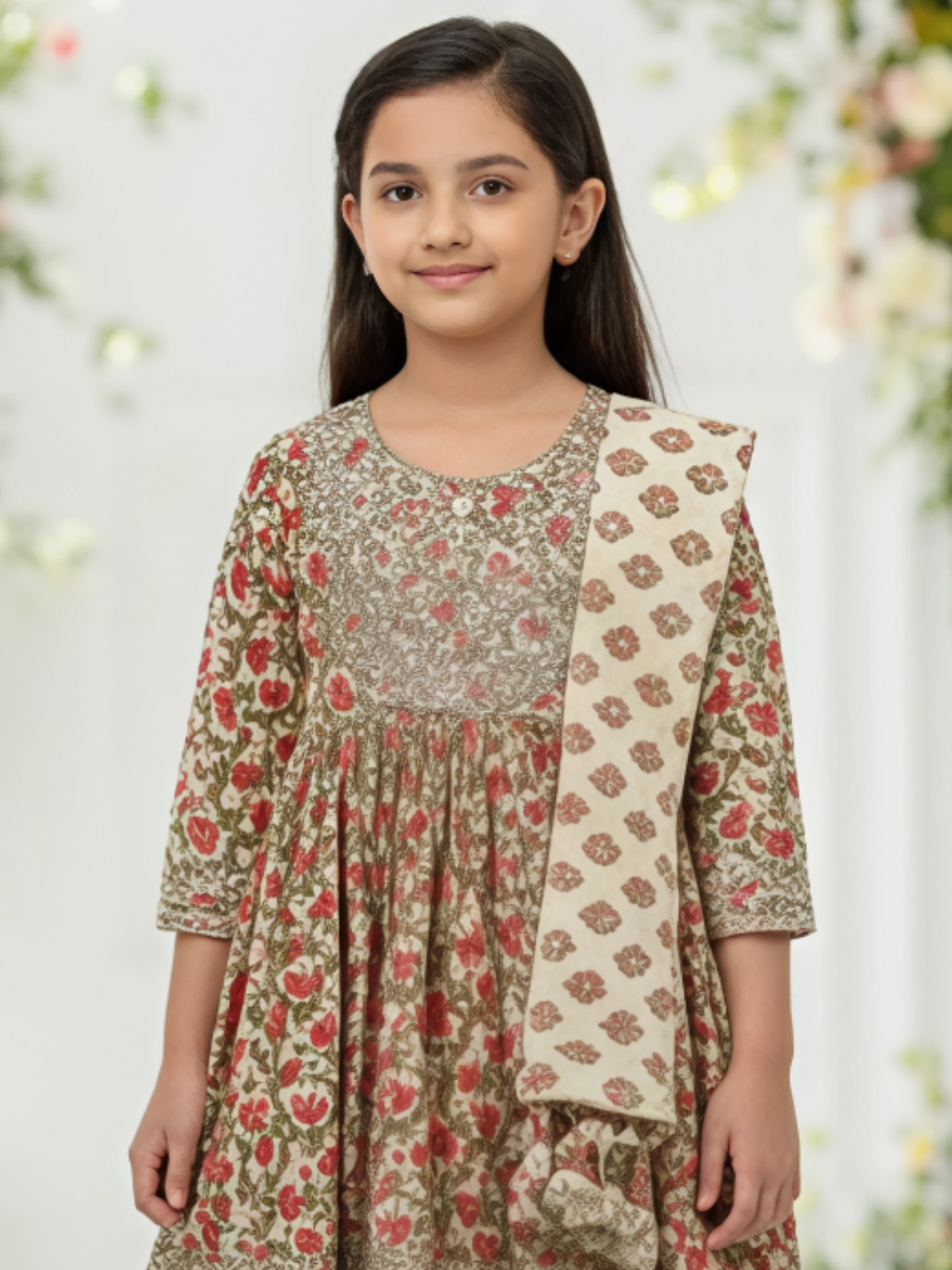 Girls' Elegant Cream Block Print Kurti, Sharara, and Dupatta Set with Heavy Embroidery