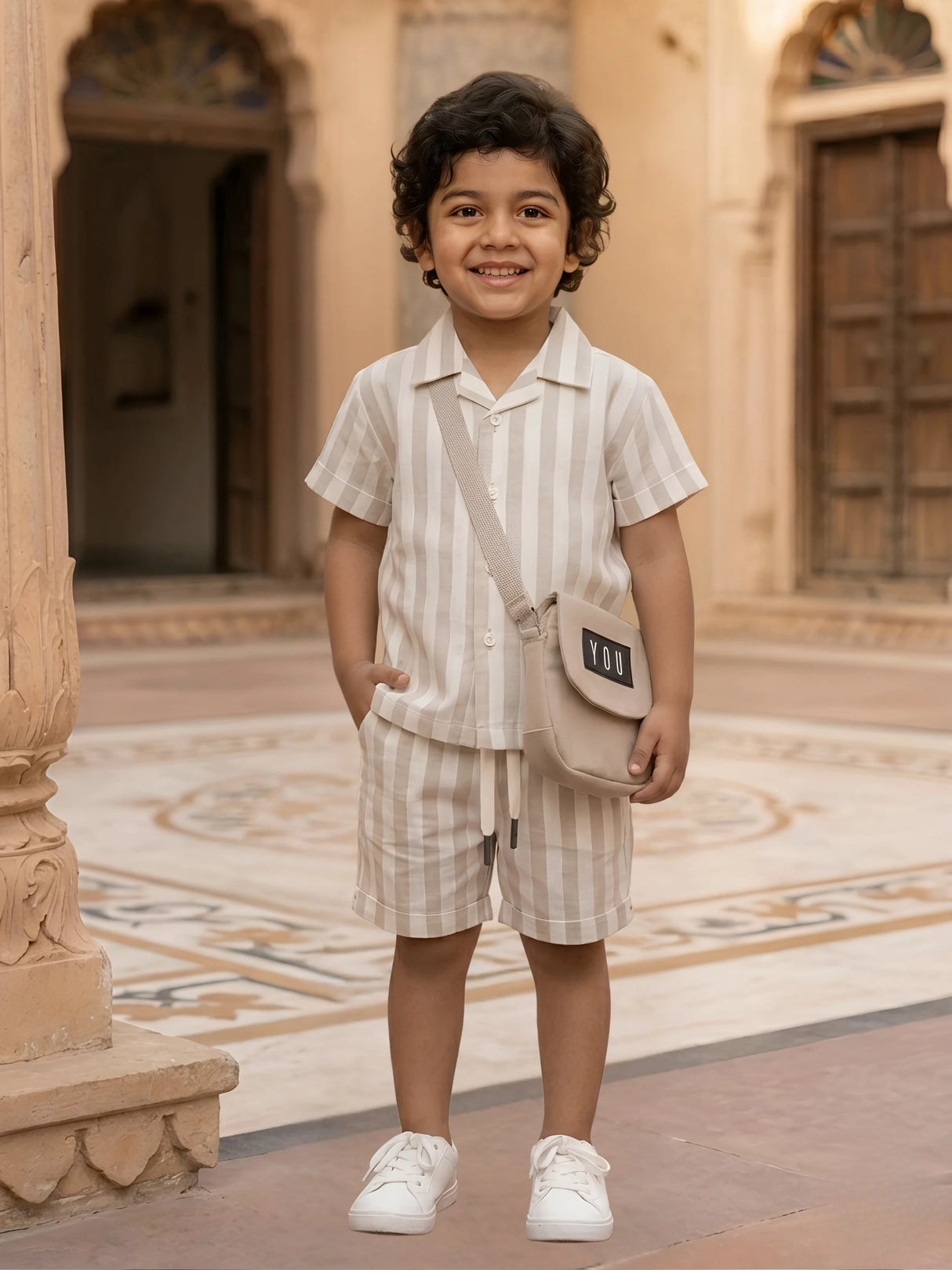Boys’ Cream Vertical Stripe Co-ord Set with Matching Crossbody Bag