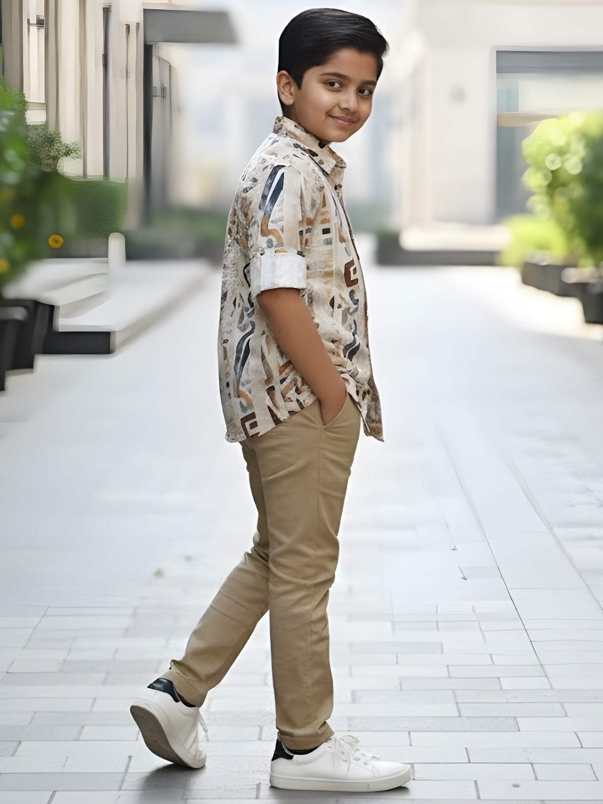 Boys Cream Abstract Geometric Multi-Color Casual Shirt