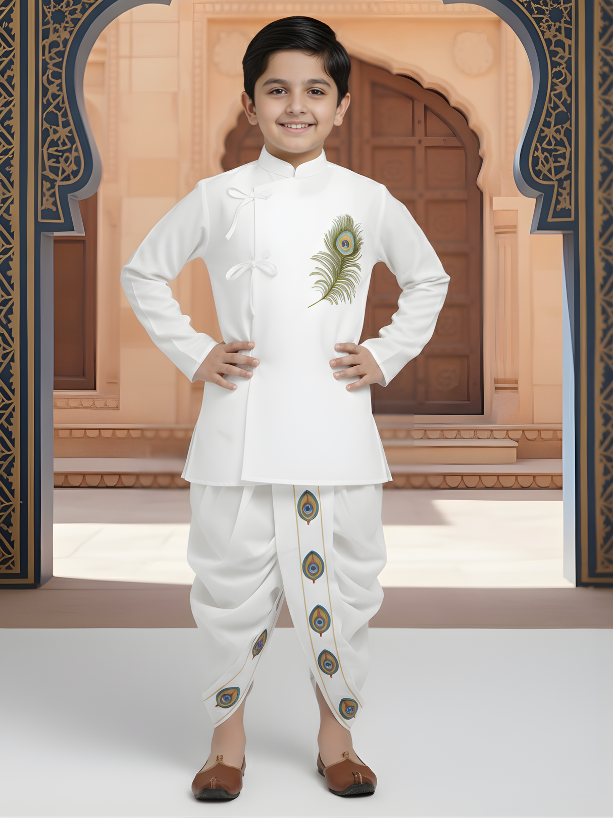Boys' Crisp White Angrakha Kurta and Dhoti Set with Peacock Feather Embroidery
