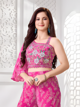 Girls Pink One-Shoulder Crop Top Palazzo Suit with Embroidery