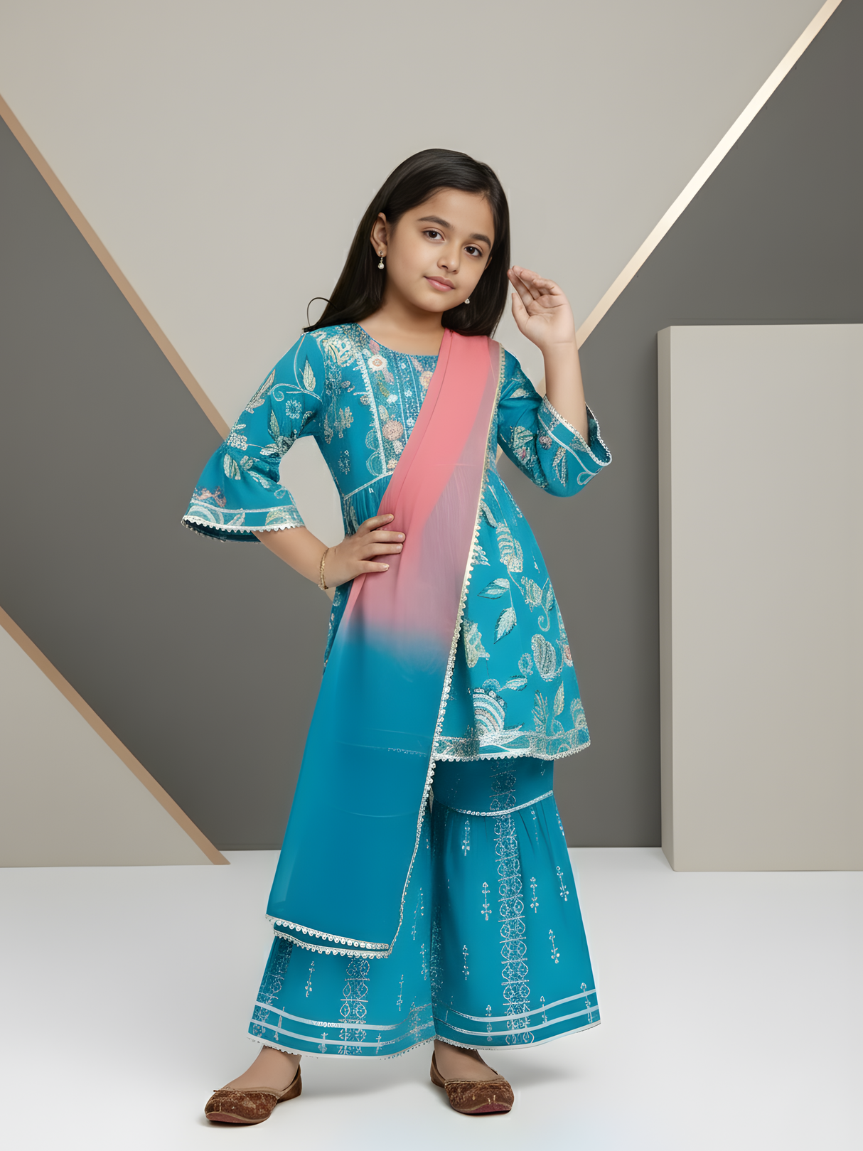 Girls' Turquoise Floral Print Kurta & Gharara Set with Pink Dupatta.
