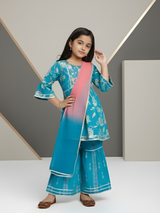Girls' Turquoise Floral Print Kurta & Gharara Set with Pink Dupatta.
