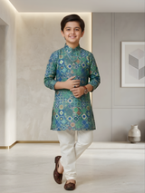 Boys' Festive Multi-Color Geometric Print Kurta with Cream Pyjama Set.