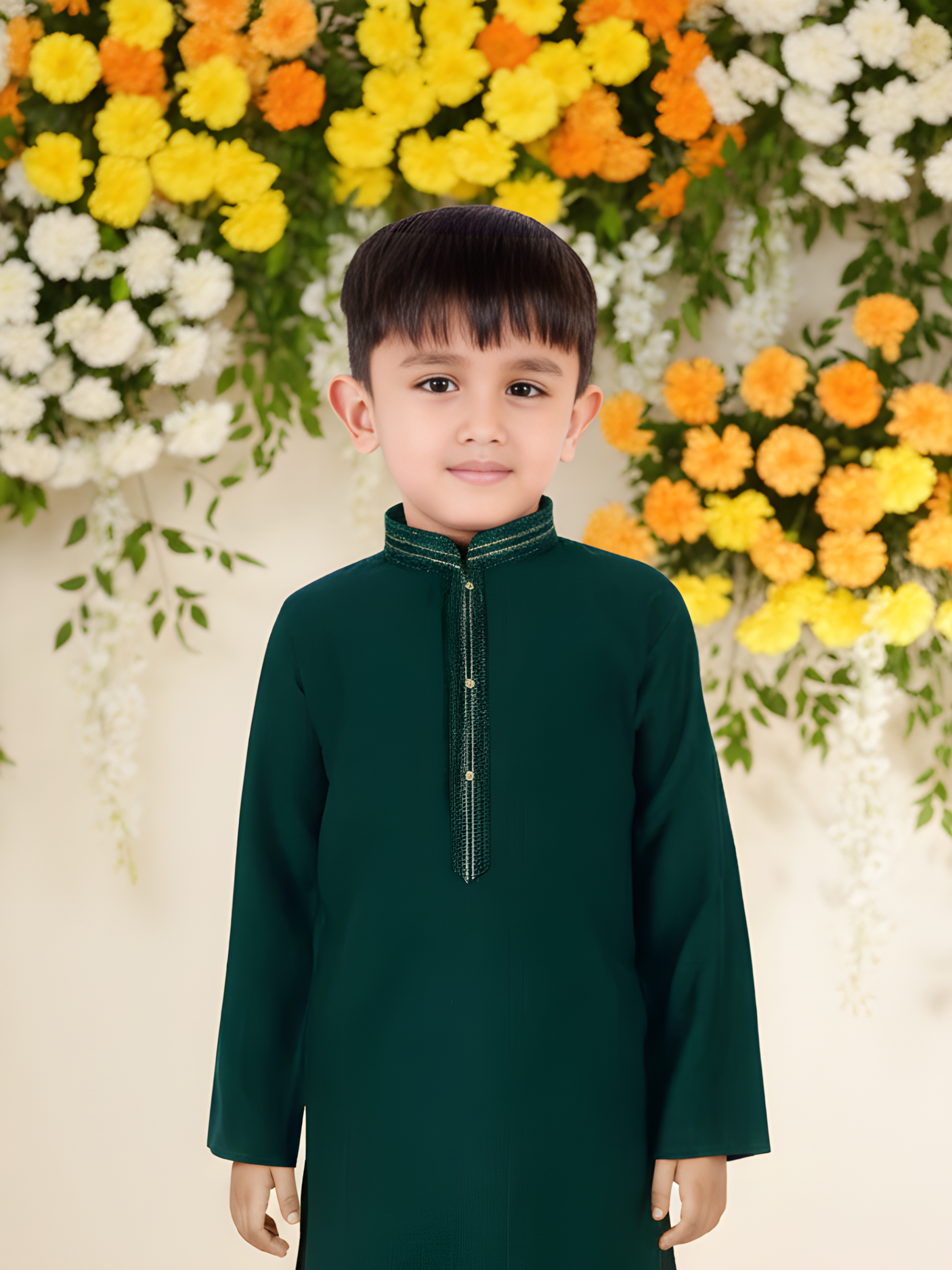 Boys' Bottle Green Kurta Pajama Set with Gold Neck Embroidery