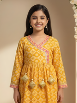 Girls Mustard Yellow Angrakha Style Kurta and Palazzo Set