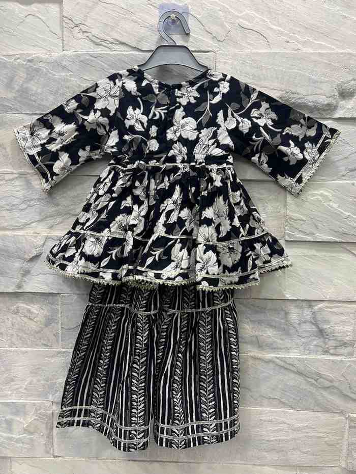 Girls' Black Floral Ethnic Set with Embroidered Top & Sharara Pants