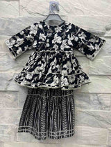 Girls' Black Floral Ethnic Set with Embroidered Top & Sharara Pants