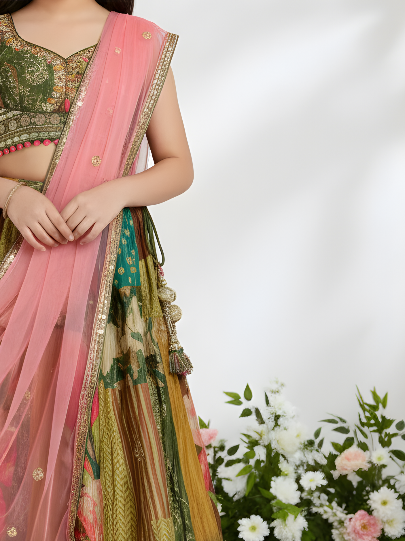 Girls' Olive Green Patchwork Print Embroidered Choli and Lehenga Set