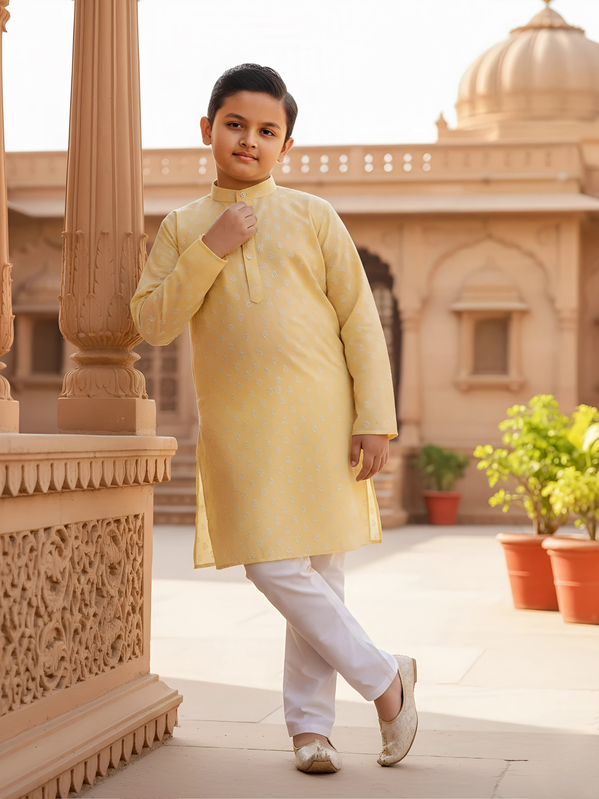 Boys Elegant Pastel Yellow Jacquard Kurta Set