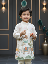 Boys Cream Mughal Heritage Elephant Print Kurta Set