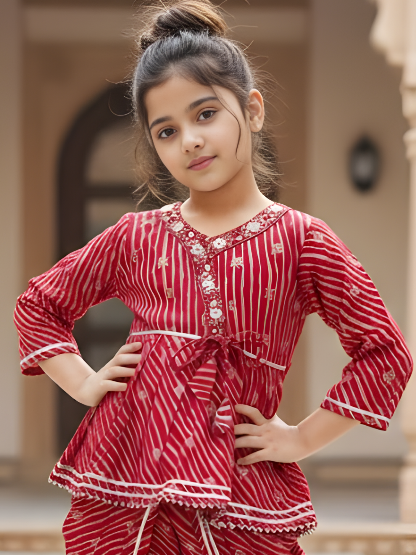 Girls Red Leheriya Angrakha Peplum & Dhoti Pant Set