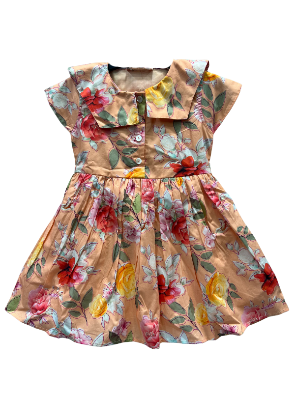 Girls Floral Dress with Peter Pan Collar - Orange and Floral Print