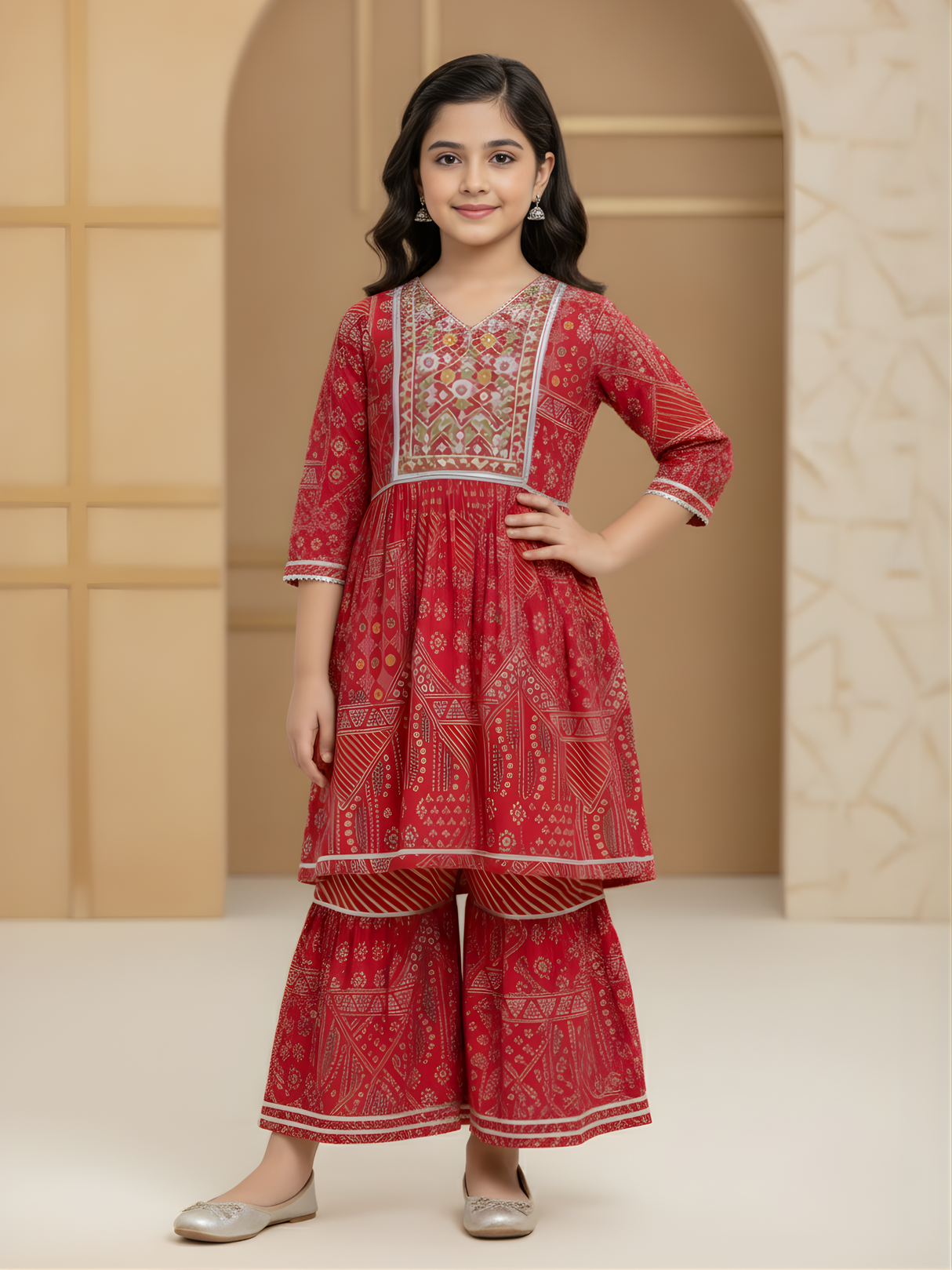 Girls' Festive Red Embroidered Kurti and Tiered Sharara Set