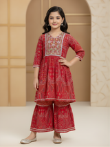 Girls' Festive Red Embroidered Kurti and Tiered Sharara Set
