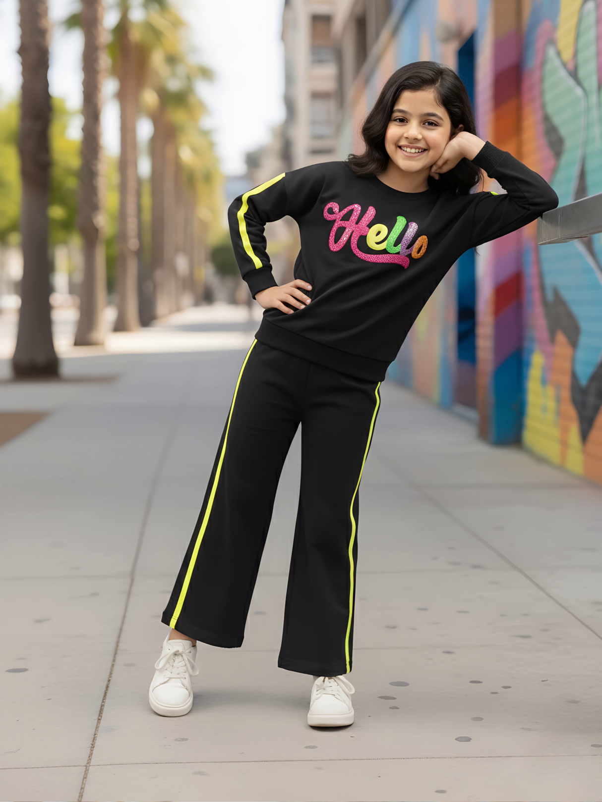 Girls' Black "Hello" Graphic Sweatshirt & Wide-Leg Pants Co-ord Set