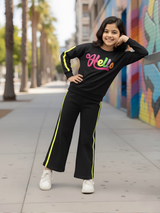 Girls' Black "Hello" Graphic Sweatshirt & Wide-Leg Pants Co-ord Set