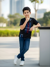 Boys' Black City V-Graphic Tee with Neon New York & California Text