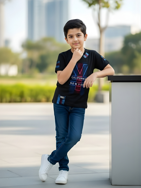 Boys' Black City V-Graphic Tee with Neon New York & California Text